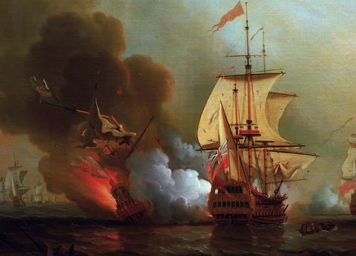 Wager’s Action  off Cartagena, 28 May 1708, depicting the sinking of the San José, by Samuel Scott, 1743-47. Royal Museums Greenwich.