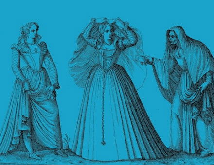 Two prostitutes and a procurer, engraving by Bartolomeo Grassi, from Veri Ritratti, 1585. Rijksmuseum. Public Domain.