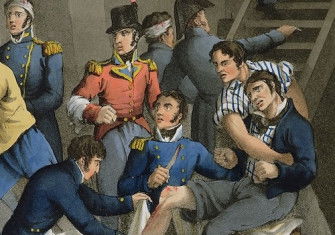 Nelson and other wounded officers being treated during the Battle of the Nile. Illustration by William Heath, from Historic, Military and Naval Anecdotes, 1819. Bridgeman Images.