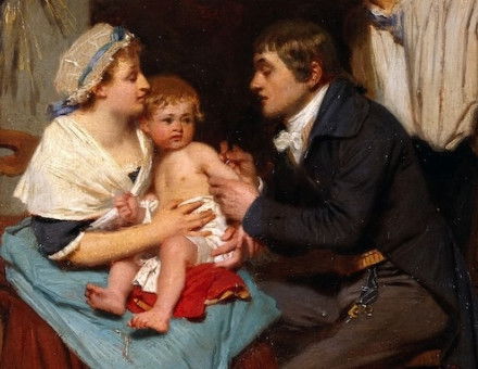Edward Jenner vaccinating a boy, oil painting by E.E. Hillemacher, 1884. Wellcome Collection. Public Domain.