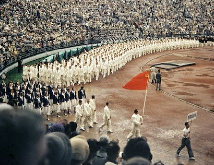 The Soviet Olympic team marches into the stadium at the opening of the 1952 Helsinki Olympics, the first one contested by the USSR. Helsinki City Museum (CC0).