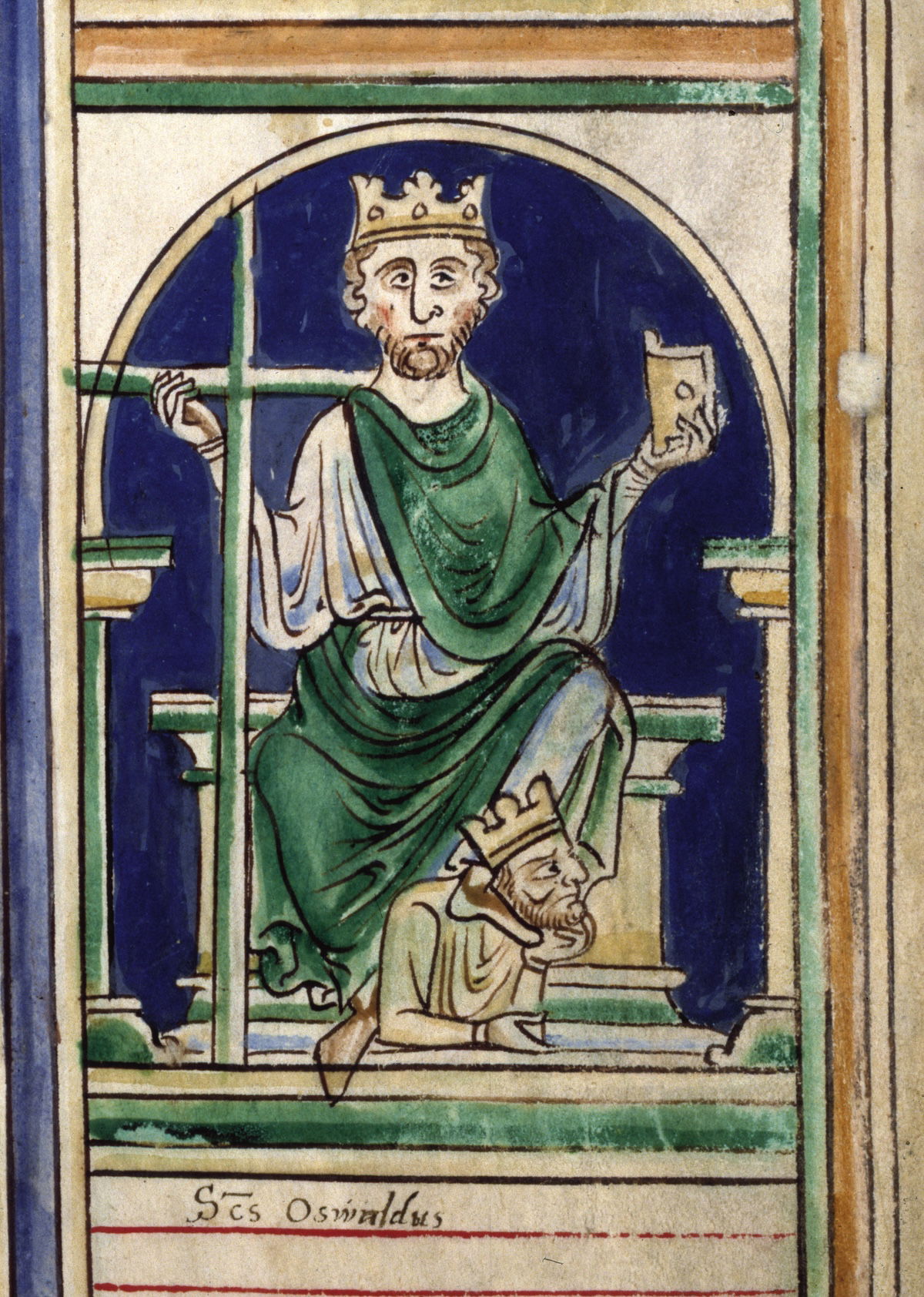 St Oswald stamping on Cædwalla, from the Abbreviatio chronicorum Angliae, by Matthew Paris, English, 1250-59. British Library/Bridgeman Images.