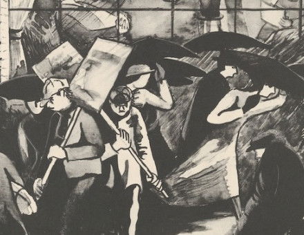 ’Three Lane Traffic’, depicting striking workers being met with indifference, by Harry Gottlieb, 1937. Metropolitan Museum of Art. Public Domain.