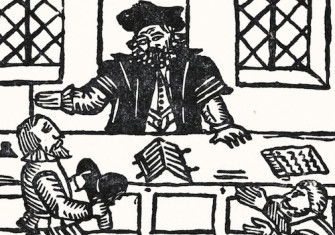 Woodcut illustration from the Roxburghe Ballads showing a man pleading before a lawyer or magistrate, early 17th century. Bridgeman Images.