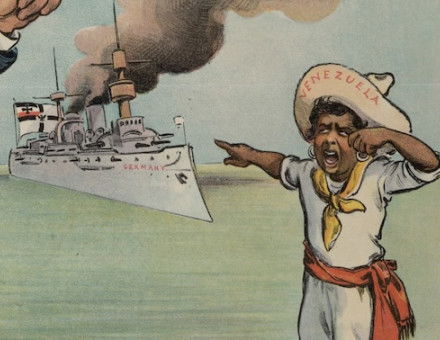Venezuela coimplains to Uncle Sam about the presence of a German warship, from Puck magazine, 22 January 1902. Library of Congress. Public Domain.