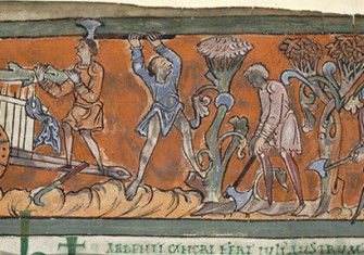 Cutting and loading wood: from an Anglo-Saxon calendar page for July, 11th century