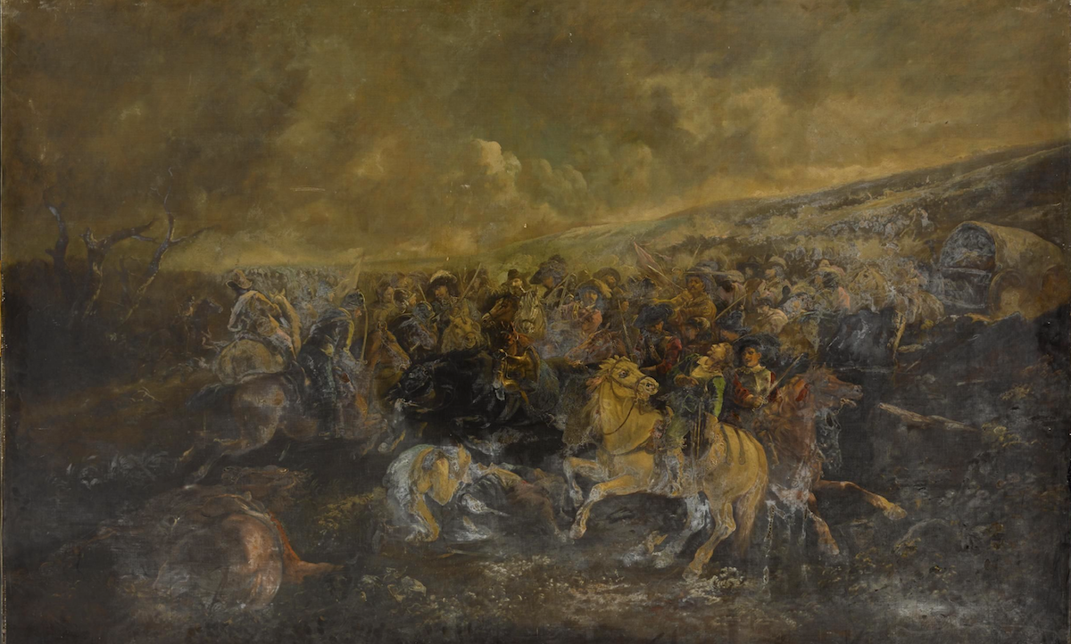 A battle between royalists and parliamentarians during the English Civil War, by John Joseph Barker, 1886. Royal Albert Memorial Museum & Art Gallery. Public Domain.