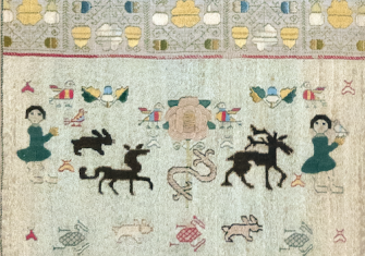Martha Collymore’s sampler, detail showing her inscription (bottom) below the rose flanked by birds, Barbados, 1771. Royal School of Needlework.